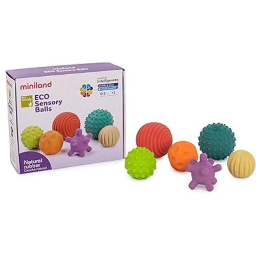 Miniland Sensory Balls, Babies Birth to Toddlers Age 4, Natural Rubber Latex, Soft Teething Toys, Easy Grip Play, Textured, Colors Multi-Sensory Stimulation, Motor Skill Development