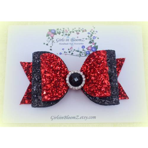 Red and black hair bow/Girl&#39;s glitter hair bow/Red and black bow headband/Sparkly red hair bow/Baby glitter bow headband/Toddler red bow