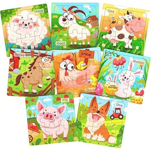 Zeoddler Wooden Puzzles for Toddlers, 8 Pack Farm Animal Jigsaw Puzzles for Kids3-5, 9 Pieces Preschool Learning Activities, Learning & Educational Toys, Gift for Boys, Girls