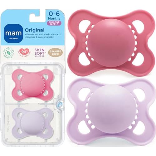 MAM Original Baby Pacifier 0-6 Mths, Skin Soft Silicone Nipple, 2 Pack
