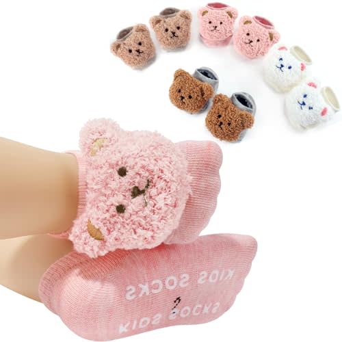 SAOROPEB 4-Pair Baby Girls Socks, Non-Slip Grips for Babies Toddler, Ankle Socks for Girls