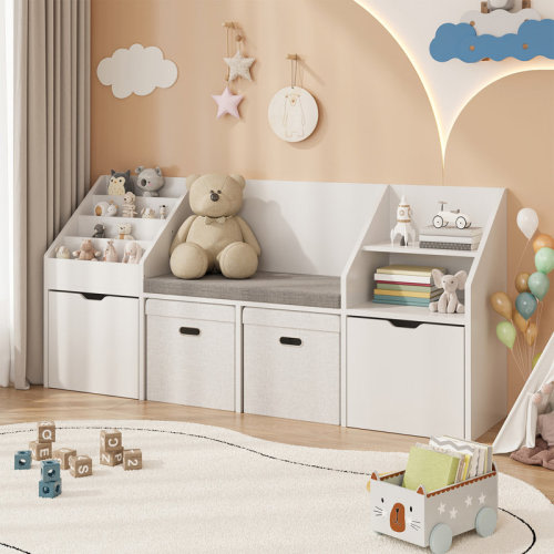 Isabelle & Max™ 67" Kids Reading Nook With Bench – White Bookshelf & Storage Organizer With Cushioned Seat, Cube Bins & Rolling Toy Chests For Bedroom | Wayfair