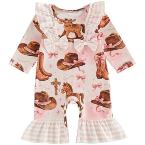 Baby Girl Cowgirl Outfit Hat Boots Print Romper Western Jumpsuit