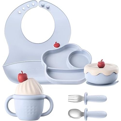 Silicone Baby Feeding Set, Gelato Collection Baby Led Weaning Supplies, First Self-Feeding Set with Suction Bowl & Plate, Sippy Cup & Bib, Fork & Spoon - Blue