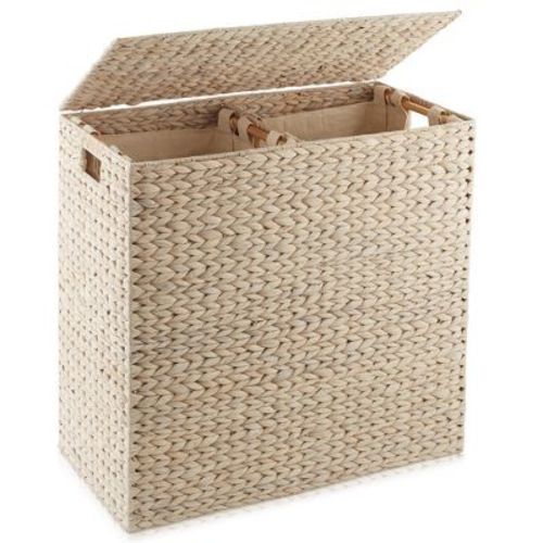 Casafield 2-Section Laundry Hamper with Lid and Removable Liner Bags, Woven Water Hyacinth Laundry Basket Sorter for Clothes
