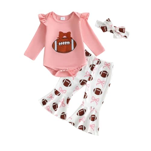 Baby Girl Football Clothes Rugby Bow Embroidery Ruffle Long Sleeve Romper Flare Pants Set Bell Bottoms Outfit Headband