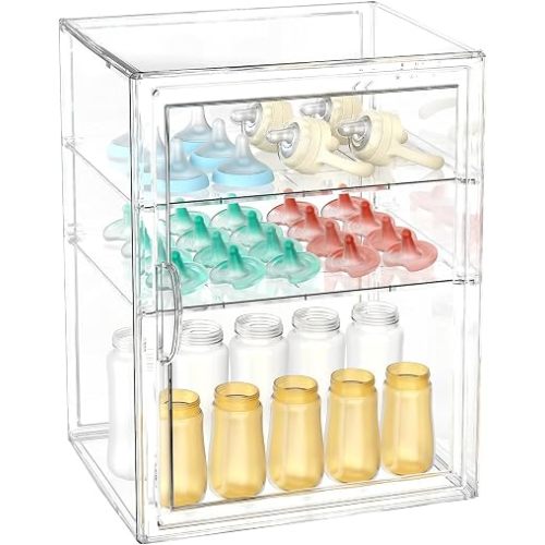 BOHOIDEE 15.7"X11.8"X9.8" Baby Bottle Organizer 3 Tier Clear Acrylic Storage with Drawers Dustproof Adjustable Divider Countertop Organizer for Kitchen Nursery Baby Essentials(Extra Large)