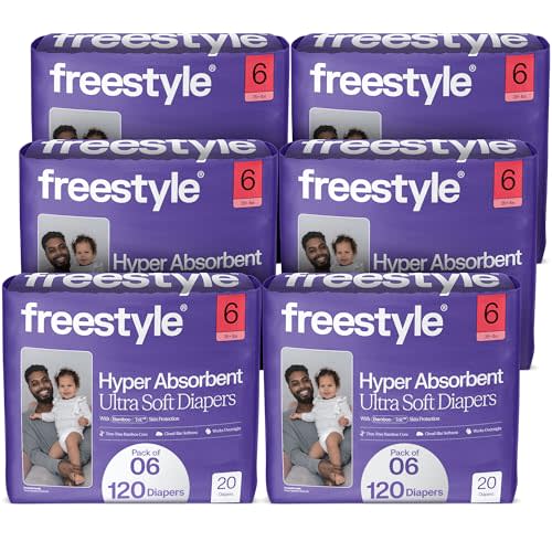 Freestyle BambooTek Diapers – (Size 6) Hyper Absorbent & Non-Toxic – Disposable Diapers for Sensitive Skin – Ultra Soft Diapers (35+ lbs) – 120 Count