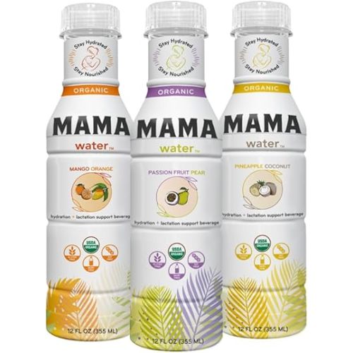 Mama Water™ Variety Pack | Hydration & Lactation Support Drinks for Breastfeeding Moms, Passion Fruit Pear, Pineapple Coconut & Mango Orange, Certified Organic & All-Natural, Electrolyte Beverage with Lactation Support Ingredients, No Artificial Flavors, 