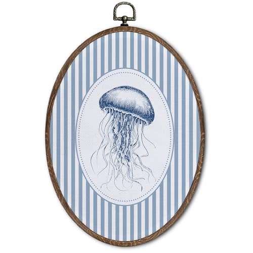 FLAWAFLOMA Vintage Nautical Nursery Oval Wall Art Decor, Kids Room Canvas Wall Art Framed, Retro Jellyfish Hanging Decorations for Kids Toddler Boy Nursery Room Playroom Decor, 8.6x11.4 Inch