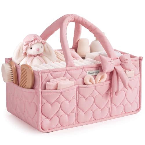 Blissful Diary Baby Diaper Caddy Organizer, Heart-Quilted, Light Pink | Portable Storage Basket with Removable Dividers, Gift for Baby Shower, Newborn Boy & Girl Essentials, Baby Registry Must Have