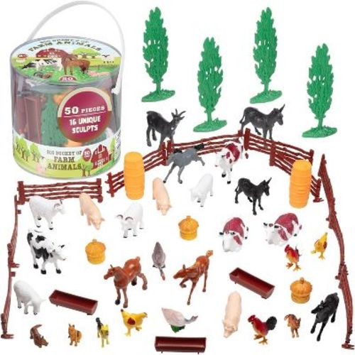 SCS Direct Farm Animal Toy Action Figure 50pc Set - Different Barnyard Animals & Accessories w Cows, Horses, Chickens & More - Great Bath Toys & Gift