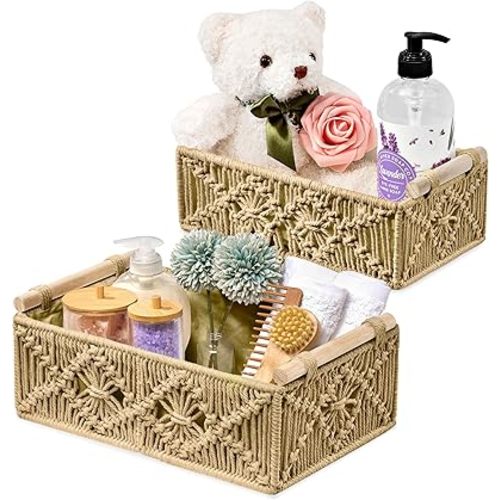 Sorbus Macrame Boho Decor Baskets - 2 Decorative Gift Baskets for Nursery, Baby Room, Toilet Tank Top - Lined Baby Basket Set for Organizing Changing Station, Linens, Clothes, Diapers, Toiletries