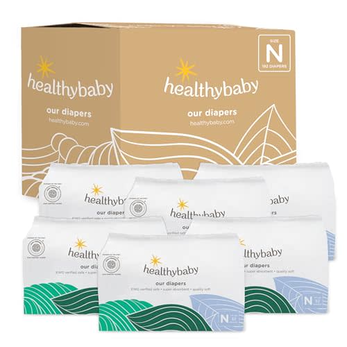 HealthyBaby Non-Toxic Diapers for Sensitive Skin - Size NB, 192 Count | EWG Verified & Microbiome-Friendly. Made with organic cotton & plant-derived materials. 12-hour leak protection. TCF.