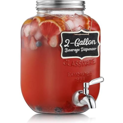 2 Gallon Glass Beverage Dispenser, 18/8 Stainless Steel Spigot and Lid - Glass Drink Dispensers for Parties - Mason Jar Drink Dispensers with Lids - Laundry Detergent Holder