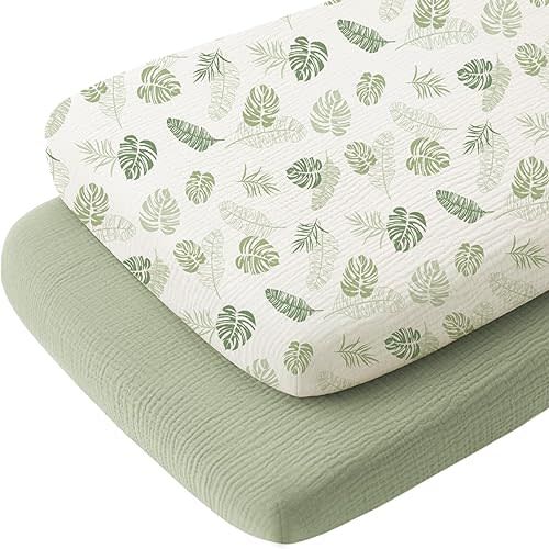 Konssy 2 Pack Muslin Bassinet Sheets for Baby Boy, 100% Cotton Soft Breathable Bassinet Mattress Sheets Fit for Hourglass Oval Cradle Rectangle Mattress (Palm Paradise,Sage)