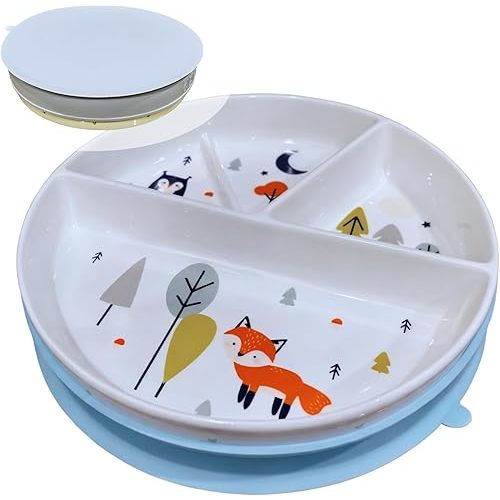 Non-Toxic Divided Ceramic Toddler Plate with Silicone Lid & Non-Slip Base, 8 Inch Microwave & Dishwasher Safe Porcelain Dish for Babies, Kids, Animal Design (Sky Mist)