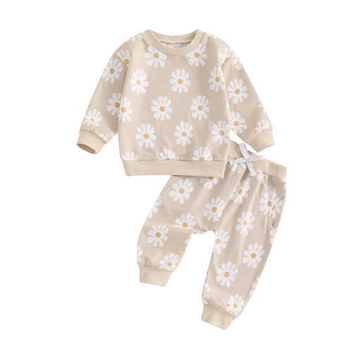 NOLDARES 2 Piece Toddler Baby Girl Boy Fall Winter Clothes Long Sleeve Sweatshirt Tops Elastic Waist Pants Cute Print Outfits Clothing Set(Beige,0-6 M)
