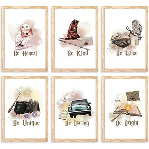 6 pcs Vintage Magic Canvas Wall Art Express Train Owl Magic Castle Picture Wall Decor Magic Lovers Kind and Honest Posters Print Artwork for Kids' Baby Nursery Home Decoration (Magic Girls, L8''×W10'')