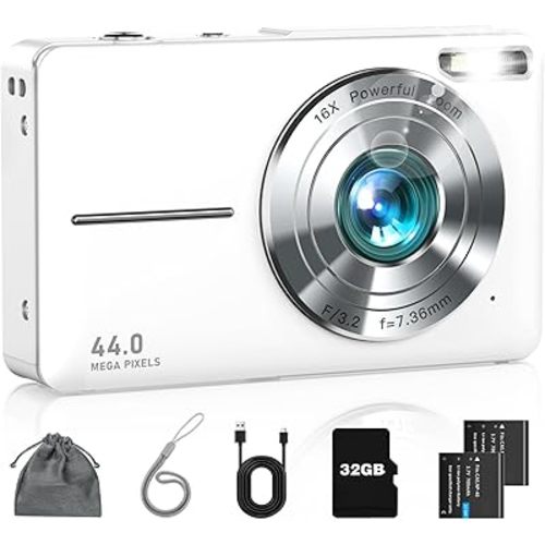Digital Camera FHD 1080P Kids Camera with 16X Zoom Anti Shake 32GB Card, Small Compact Point and Shoot Camera Gift for Teen Starter Children Kid Student Girl Boy, Pearl White