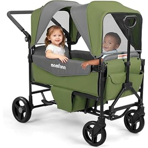 Stroller Wagon for 2 Kids,Foldable Wagon Stroller with Canopy,All-Terrain Parent Organizer, Adjustable Handle & Pull Bar for Infants and Toddlers, Meadow Green