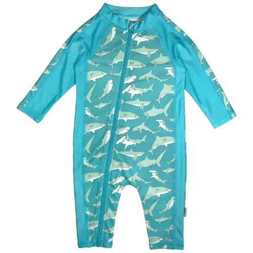0-6M Sunsuit - Long Sleeve Romper Swimsuit | "Deep Blue Sharks"