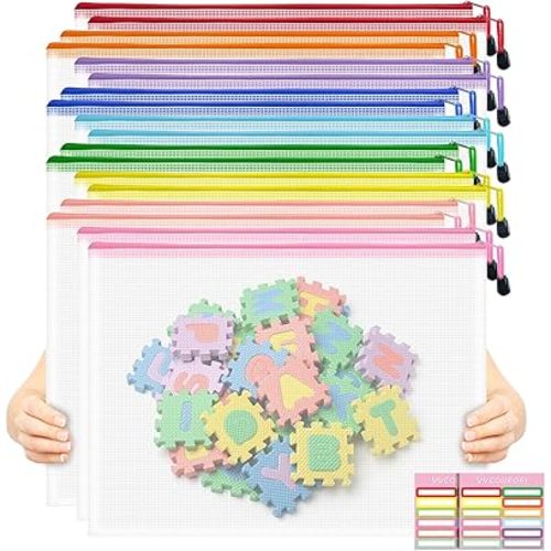 18pcs Mesh Zipper Pouch Board Games Storage Bags, 9 Colors Puzzle Bags, A3 17x12 Inches Large Reusable Zipper Bags for Organizing, Plastic Mesh Bags, Travel, School Office Organization