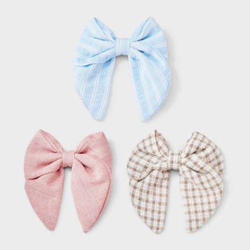 Girls' 3pk Assorted Striped/Plaid Bow Clips - Cat & Jack™ Blue/Pink/Brown