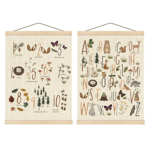 Boat Wades Numbers Animals Alphabet Poster Hanger Frame Set of 2, Forest Animal ABC 123 Educational Wall Art Hanging Banner Decor for Nursery Playroom Classroom Homeschool,12x16