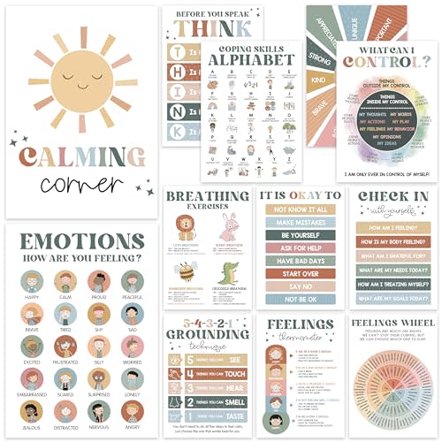 12 Retro Calming Corner Classroom Posters (10x14) - Feelings Wheel & Emotions Poster for Kids, Calm Down Corner Supplies for Therapy Office Decor, Mental Health Wall Art for Preschool and Teachers
