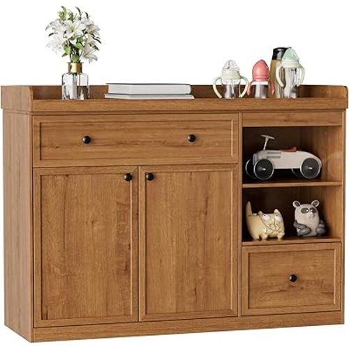 Changing Table Dresser, Baby Wooden Nursery Dresser with 2 Drawers and Open Storage, Multi-Functional Baby Changing Table, Diaper Wide Changing Station for Nursery, Natural Wood &White