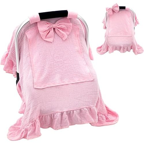 Baby Car Seat Cover with Detachable Bow, Muslin Infant Car Seat Cover for Girls, Handmade Ruffled Baby Carrier Cover with Mesh Peekaboo Window, Multi-Use Carseat Canopy for Newborn Shower Gift