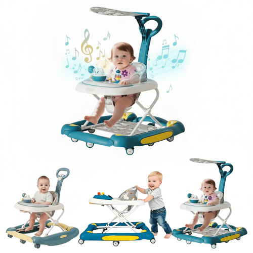 HDUTNGISN Green 6-in-1 Foldable Baby Walker for 6-24 Months,Bouncer,Tray & Music