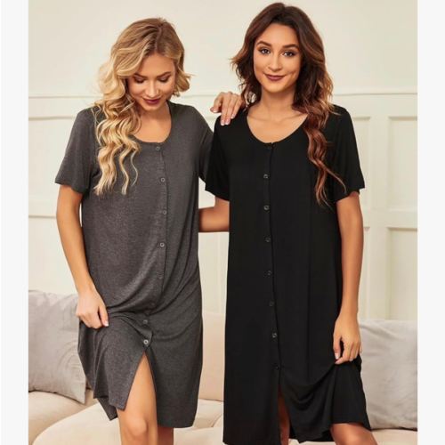 Ekouaer 2 Pack Nightgowns for Women Button Down Night Shirts Short Sleeve Sleep Shirts V Neck Sleepwear Pajama Dress