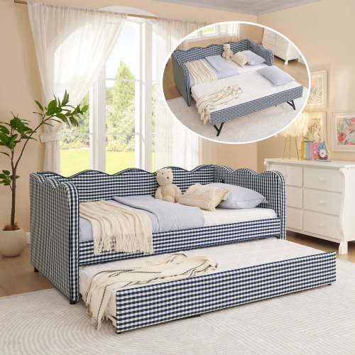 Twin Size Gingham Daybed with Trundle, Wave Shaped Sofa Bed with USB Port, No Box Spring Needed