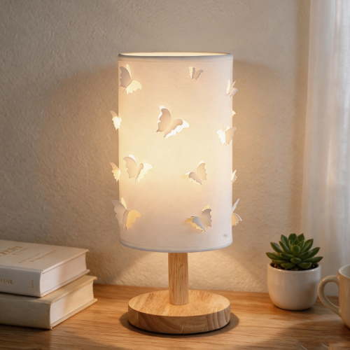 Butterfly Lamp, Cute Lamp - 3D White Table Lamp with Wood Base for Teen Girls Room, Dimmable Bedside Night Light with USB Plug