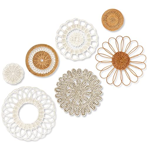 IWALYA Boho Wall Decor Set - 7 Pieces Flat Rattan Wall Basket Decor - Create Your Own Boho Room Decor Or Cute Nursery Decor - 5.1"-13.7"