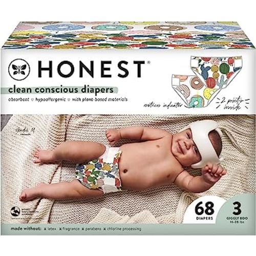 The Honest Company Clean Conscious Diapers | Plant-Based, Sustainable | Cactus Cuties + Donuts | Club Box, Size 3 (16-28 lbs), 68 Count