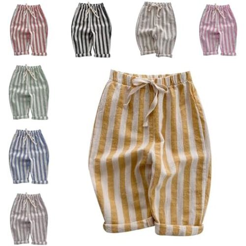 Boys' Cotton Linen Harem Bloomers Pants Elastic Waist Jogger Pants Kids Casual Striped Trousers Infant Long Sweatpants