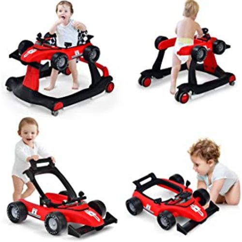 HONEY JOY 4-in-1 Baby Walker, Activity Push Walker w/3 Adjustable Heights, Smooth Wheels w/Adjustable Speed, Padded Seat, Music & Light, Foldable Car Walker for Baby Boys Girls Age 6 Months+ (Red)