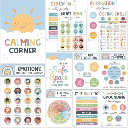 12 PCS Calming Corner Posters Classroom Decor, Feelings Wheel Chart & Emotions Poster, Calm down Corner Mental Health Educational Poster Office Wall Decor for Preschool Teachers(Style B,1set)