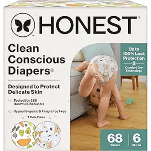 The Honest Company Comfort Dry Disposable Diapers for Sensitive Skin, Hypoallergenic, Fragrance-Free, So Delish + It's a Pawty, Super Club Box, Size 6 (35 lbs), 68 Count