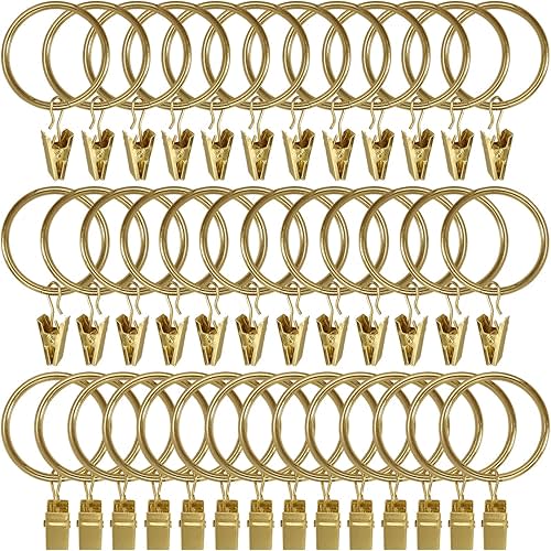 40 Pack Gold Curtain Rings with Clips, Curtain Hooks Hangers Clip Rings for Hanging Drapes Bows Hat, Drapery Rings 1.5 in I D, Fits up to 1.2 in Diameter Curtain Rod.