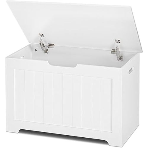 SUPER DEAL Storage Chest, 30 inches Chest Box Organizer with 2 Safety Hinges, Wooden Entryway Storage Bench, White