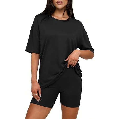 AGSEEM 2 Piece Sets for Women Summer Casual Lounge Set 2026 Matching Oversized Tshirts Biker Shorts Airport Travel Outfits