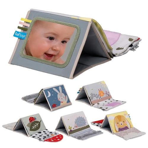 Taf Toys Tummy Time Sensory Book with Crinkle Pages & Soft Textures, High Contrast Patterns, Baby-Safe Mirror for Newborns and Infants, Tummy Time Toys for Babies 0-6 6-12 Months, Boys Girls Baby Gift