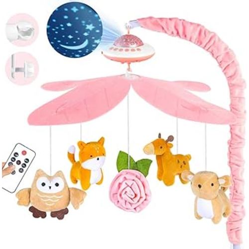 Baby Crib Mobile with Music and Lights, Nursery Baby Mobile for Crib Bassinet with Remote Control, Rotation, Starlight Projection, Crib Toys for Babies Boys Girls Pink
