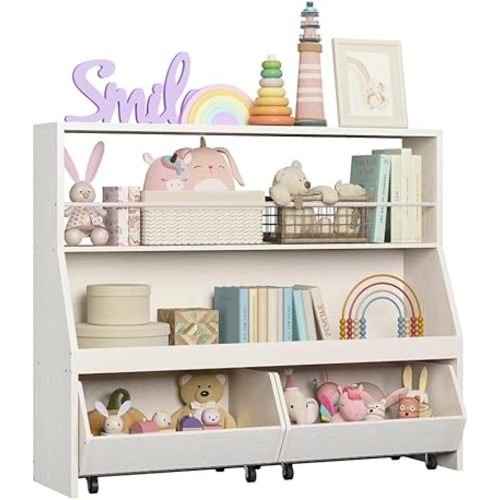 IRONCK Toy Storage Organizer, Kids Bookshelf with 2 Movable Cubby Drawers, Top Toy Storage with Crossbar, Storage Cabinet for Nursery, Playroom, White