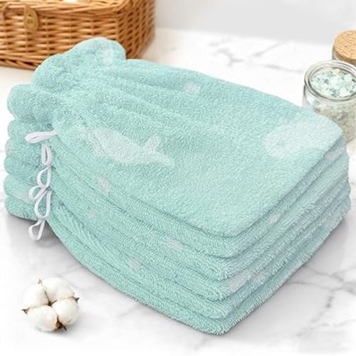 VOOVA & MOVAS Kids Bath Mitts 6-Pack, 100% Cotton Soft Absorbent Wash Cloths with Hanging Loop, 8.3x6.3 Inch European Style Bath Mitt for Toddler Shower, Green Dino
