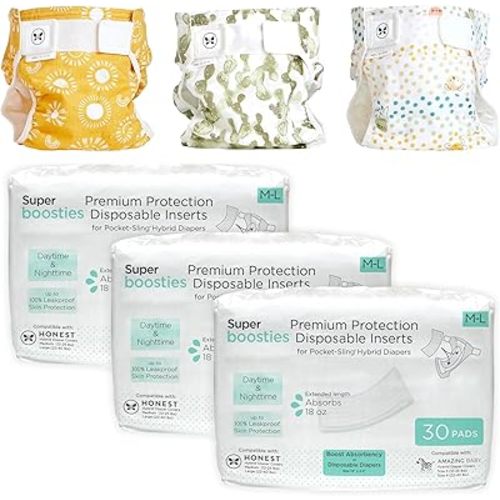 Super Boosties 90ct + Honest Hybrid Cloth Diaper Cover with Pocket-Sling, Large (22-40 lbs), Stops Nighttime Leaks, Boosties Disposable Diaper Inserts, Honest Cotton Muslin Covers, 3 Pack
